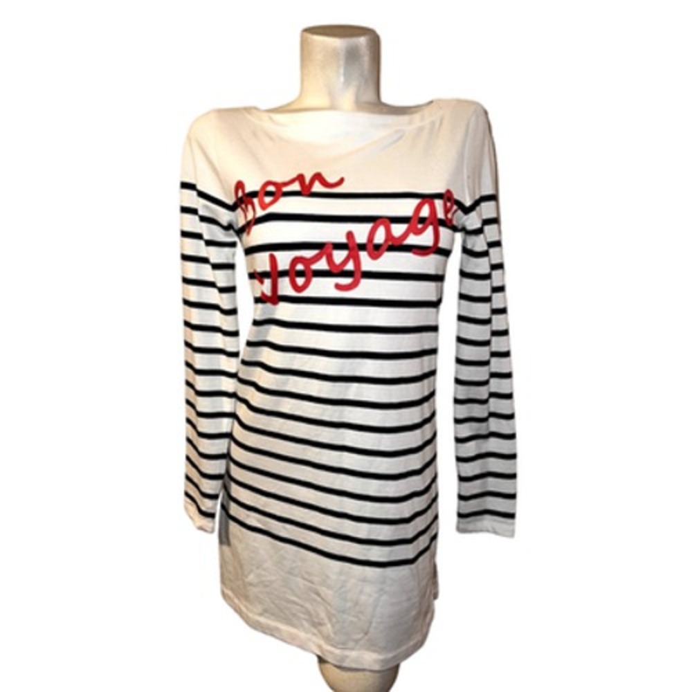 Bon Voyage Striped Nautical Mini Dress Tunic Navy White Red Bow Back LS Size XS